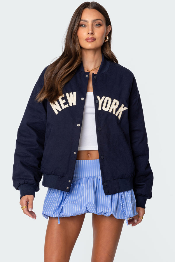 edikted Big Apple Oversized Bomber Jacket navy