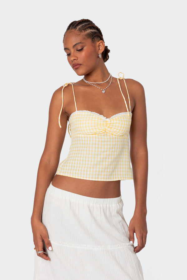 Edikted Billie Open Tie Back Gingham Top Yellow