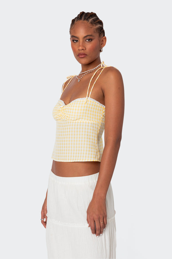 Edikted Billie Open Tie Back Gingham Top Yellow