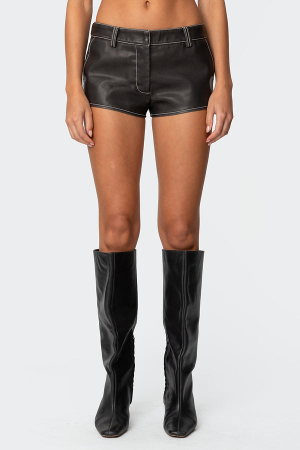 Edikted Blaise Faux Leather Micro Shorts Dark Gray
