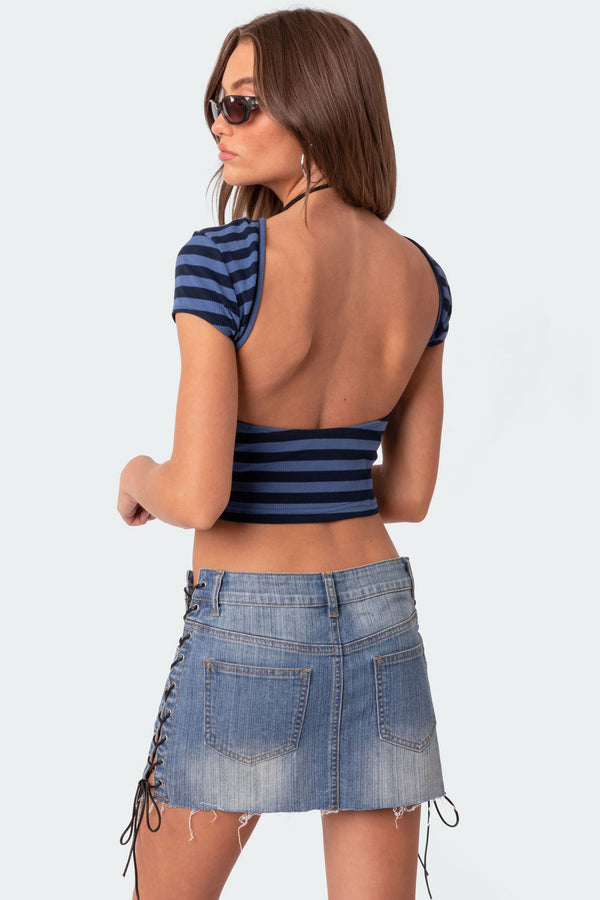 edikted Blakely Open Back T Shirt blue and navy