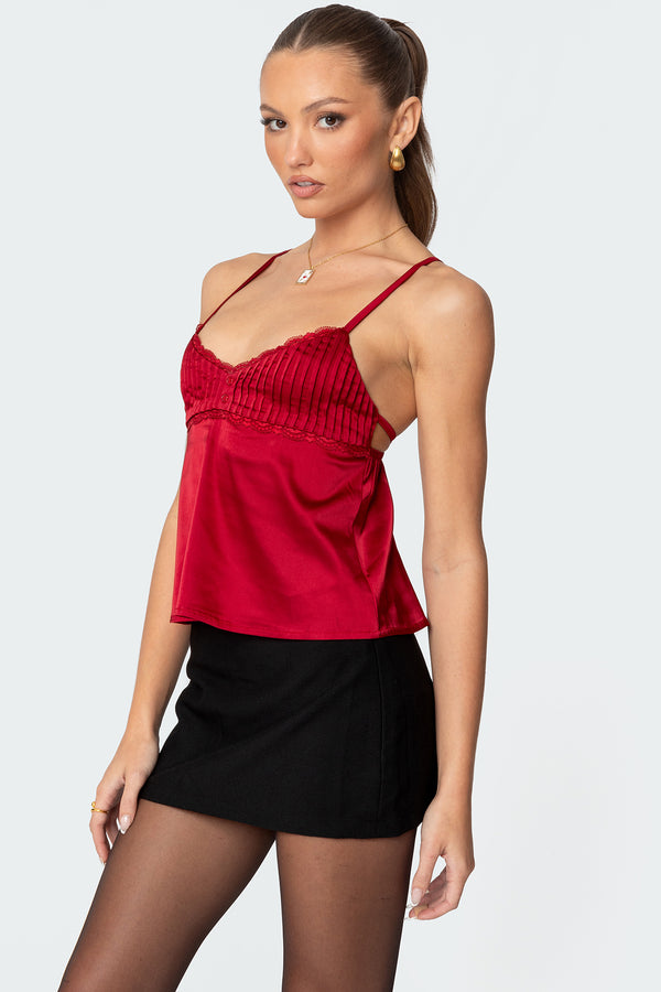 Edikted Blanca Satin Effect Lace Trim Tank Top Red