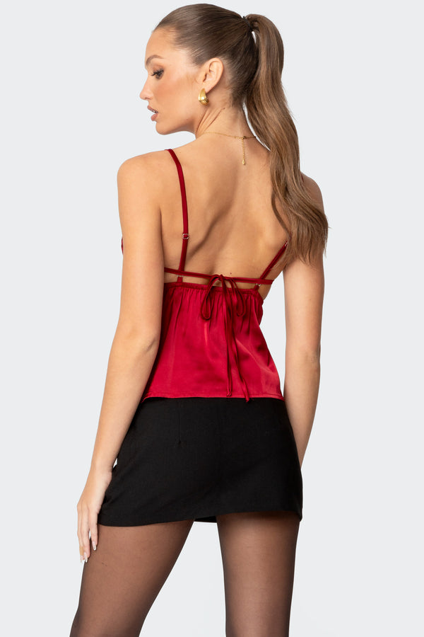 Edikted Blanca Satin Effect Lace Trim Tank Top Red