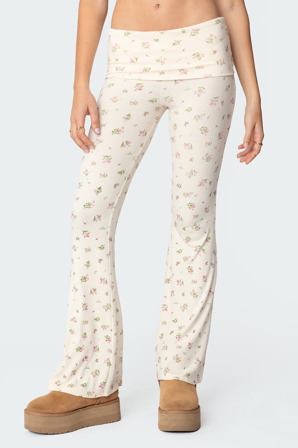 Edikted Bloom Baby Fold Over Flared Leggings Cream