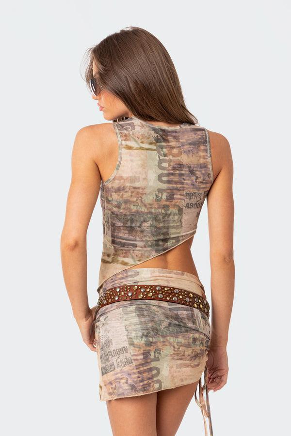 Edikted Boa Mesh Asymmetric Printed Top Mix