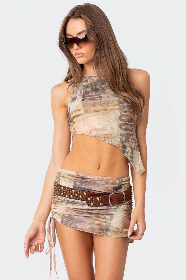 edikted Boa Mesh Asymmetric Printed Top mix