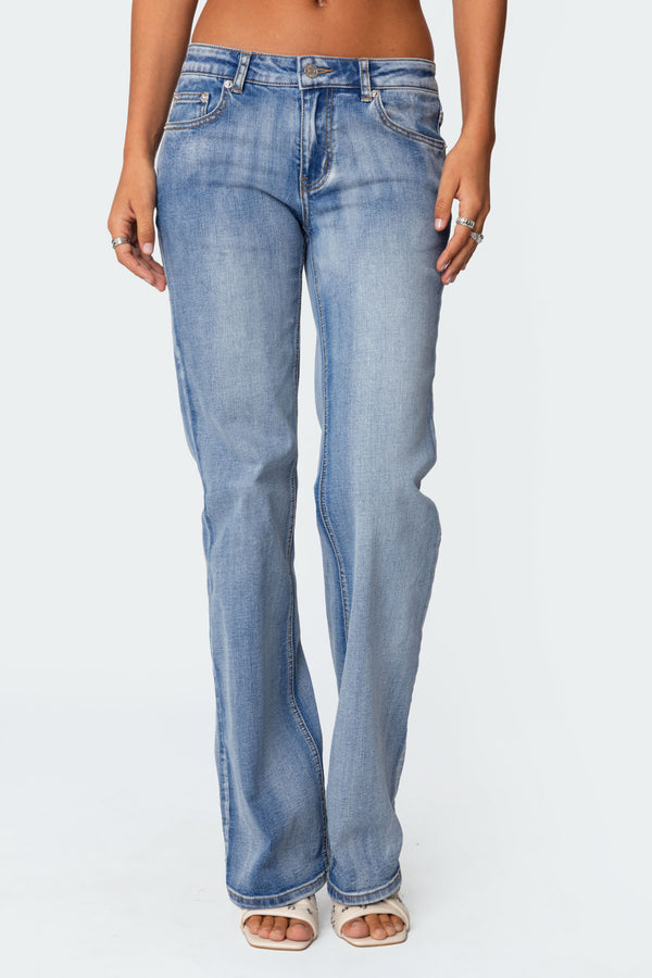Edikted Boot Cut Washed Low Rise Jeans Blue Washed
