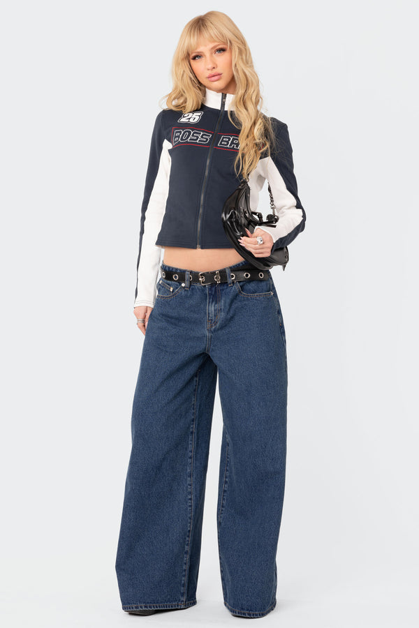 edikted Boss Babe Zip Up Sweatshirt navy