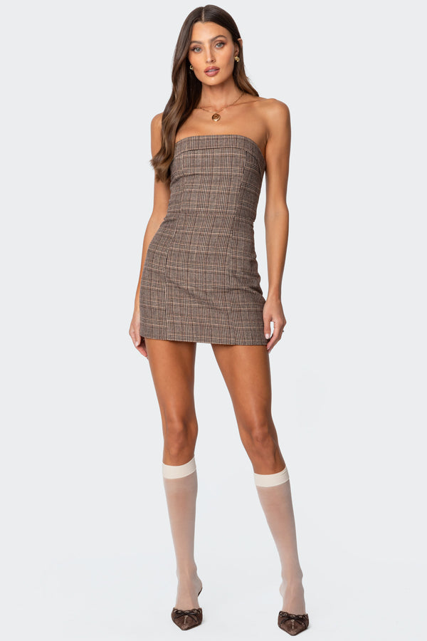 Edikted Boss Mode Plaid Mini Dress Brown