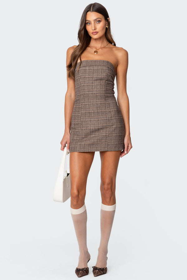 edikted Boss Mode Plaid Mini Dress brown