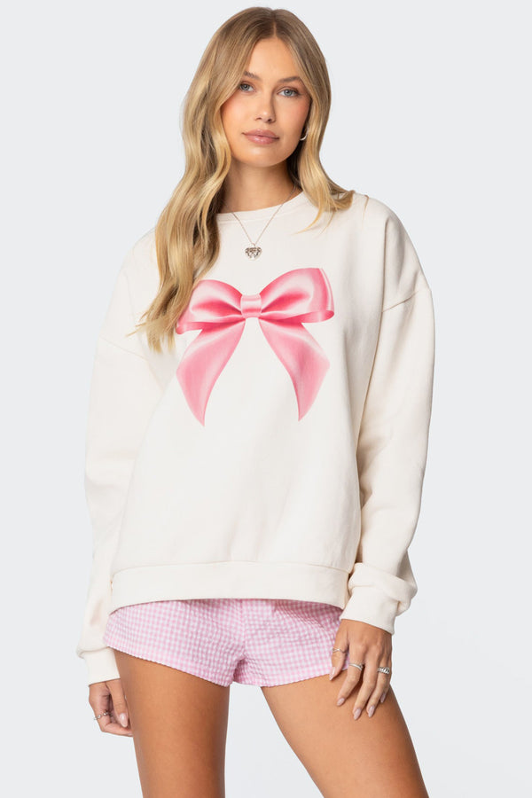 edikted Bow Brat Printed Sweatshirt cream
