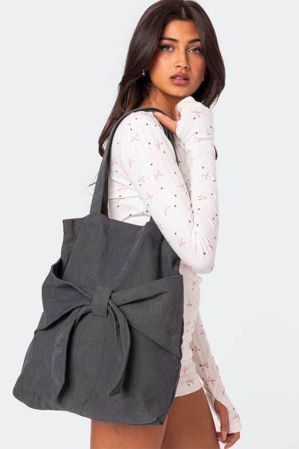 edikted Bow Detail Tote Bag dark gray