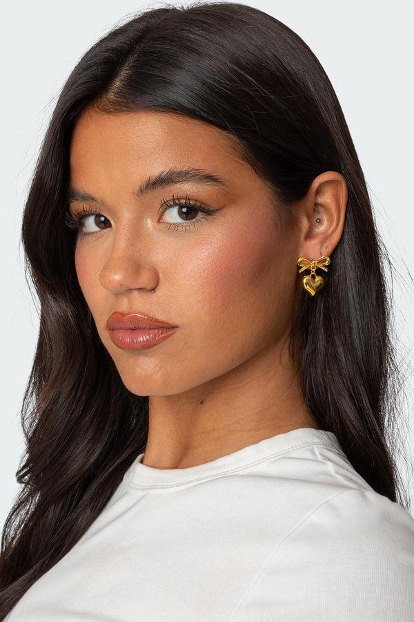 edikted Bow Heart Charm Earrings gold