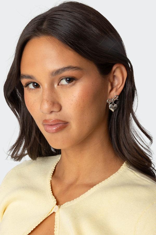 Edikted Bow Heart Charm Earrings Silver