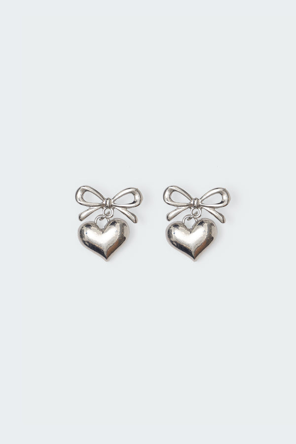 edikted Bow Heart Charm Earrings silver