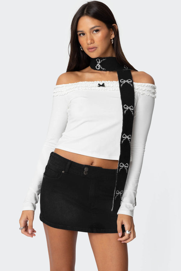 Edikted Bow Knit Skinny Scarf Black And White