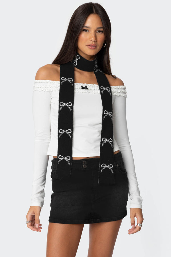 Edikted Bow Knit Skinny Scarf Black And White