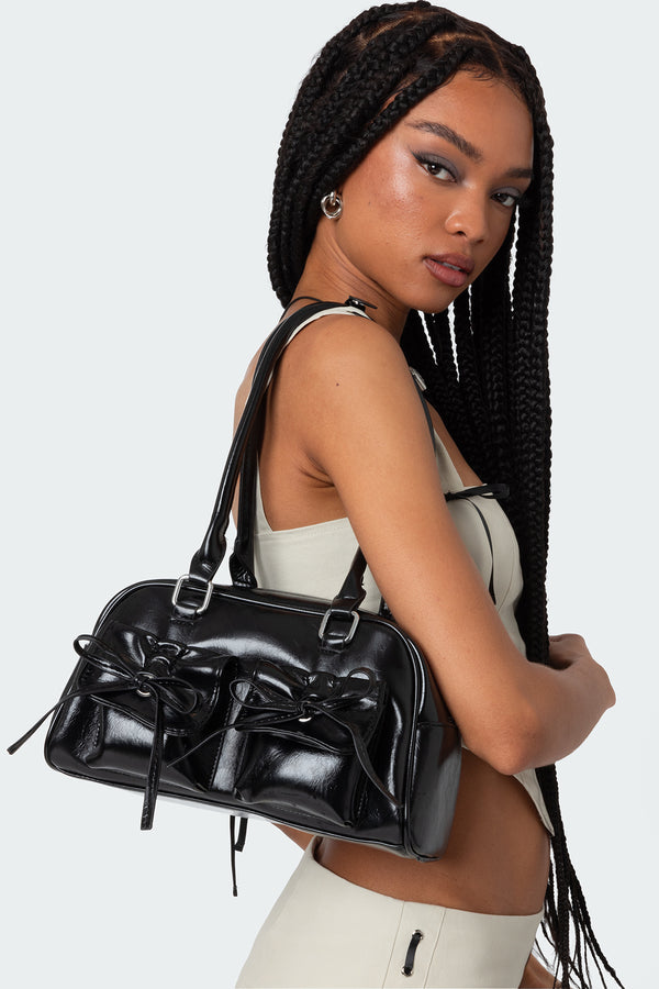 edikted Bow Pocket Faux Leather Shoulder Bag black