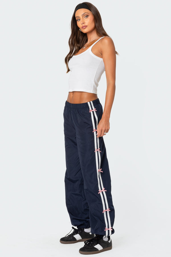 edikted Bow Stripe Nylon Track Pants navy