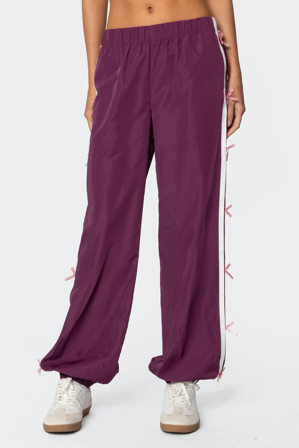 Edikted Bow Stripe Nylon Track Pants Purple