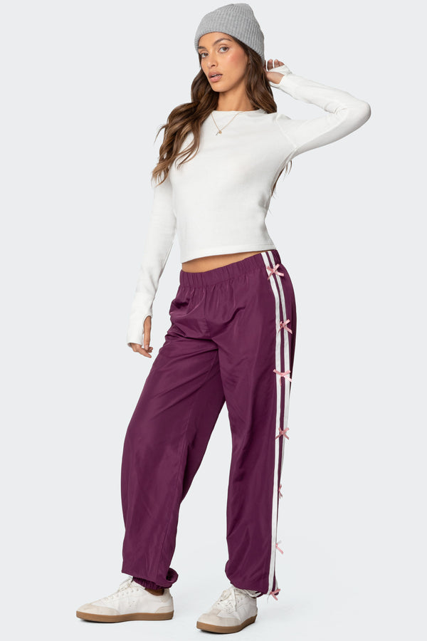 edikted Bow Stripe Nylon Track Pants purple