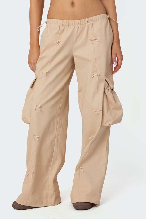 Edikted Bow Trim Cargo Parachute Pants Beige