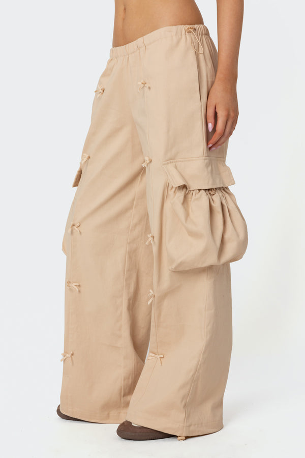 Edikted Bow Trim Cargo Parachute Pants Beige