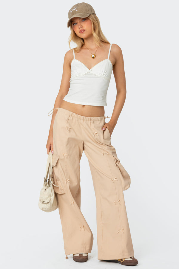 Edikted Bow Trim Cargo Parachute Pants Beige