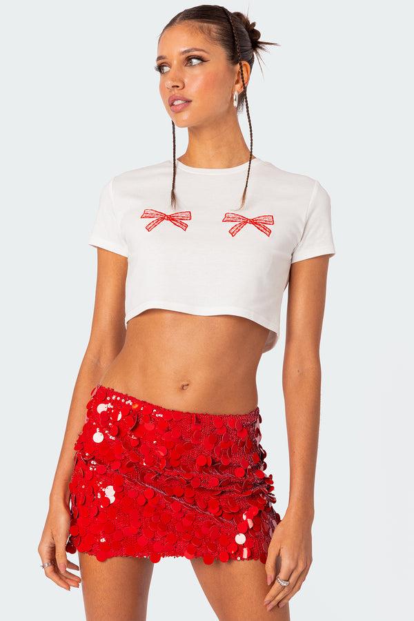 edikted Bowie Embroidered Cropped T Shirt white