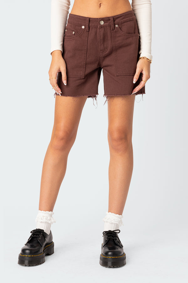 Edikted Boyfriend Denim Carpenter Shorts Brown