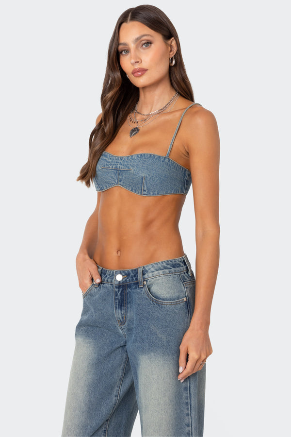 Edikted Brandy Denim Bralette Blue Washed