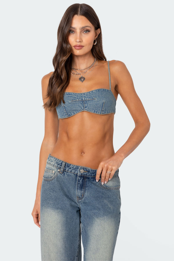 Edikted Brandy Denim Bralette Blue Washed