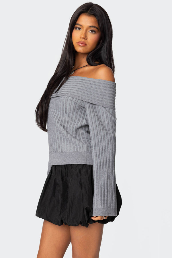 Edikted Brandy Fold Over Ribbed Sweater Dark Gray