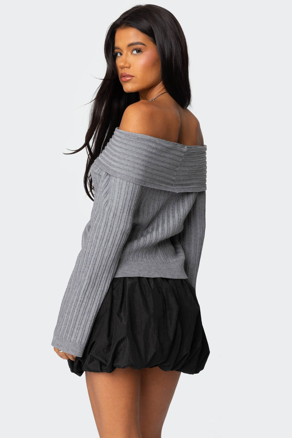 Edikted Brandy Fold Over Ribbed Sweater Dark Gray
