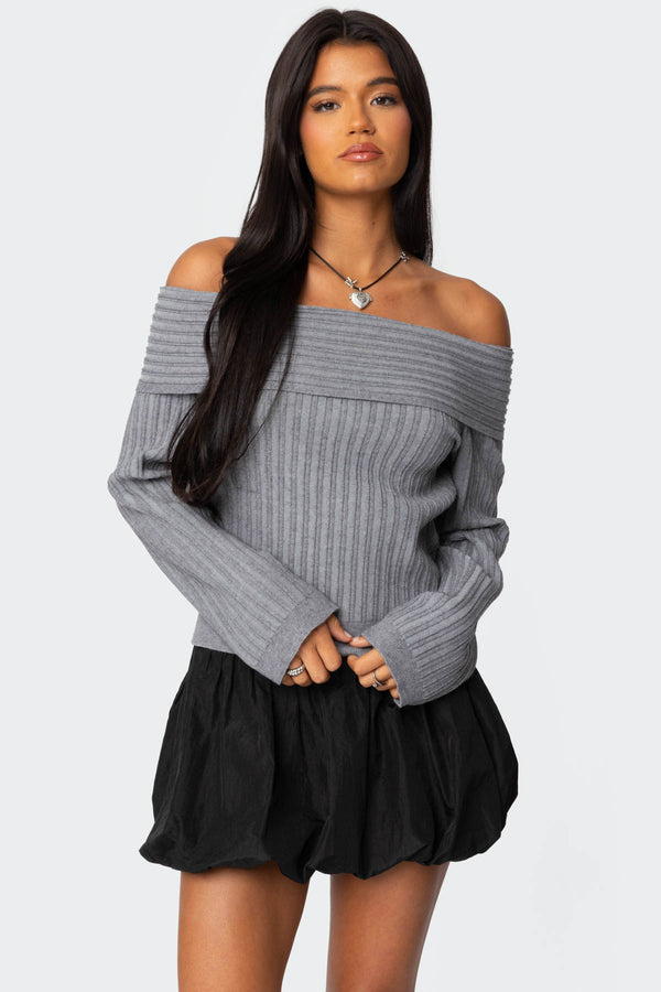 edikted Brandy Fold Over Ribbed Sweater dark gray