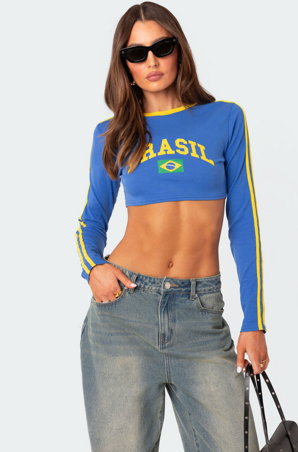 edikted Brasil Long Sleeved Crop Top blue