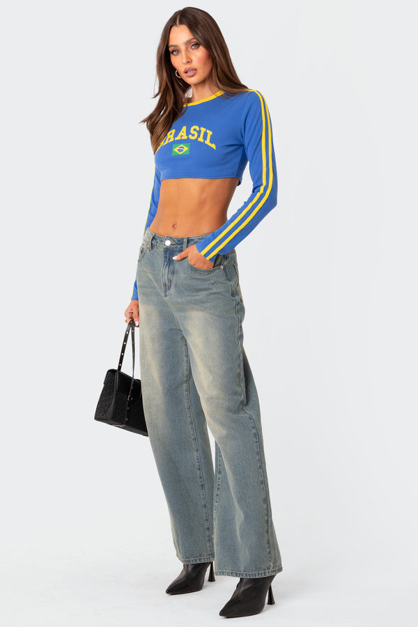 Edikted Brasil Long Sleeved Crop Top Blue