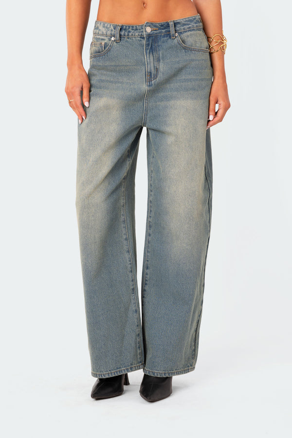 Edikted Braya Washed Low Rise Baggy Jeans Blue