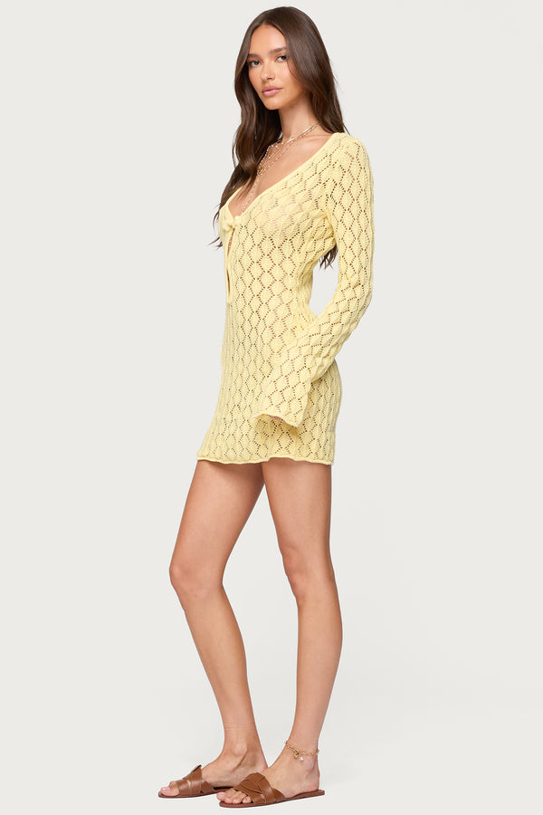 Edikted Brie Cut Out Crochet Mini Dress Yellow