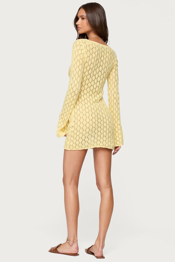 Edikted Brie Cut Out Crochet Mini Dress Yellow