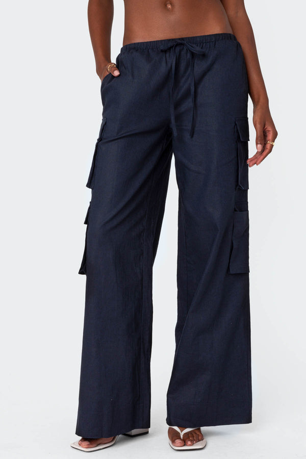 Edikted Bristol Linen Look Cargo Pants Navy