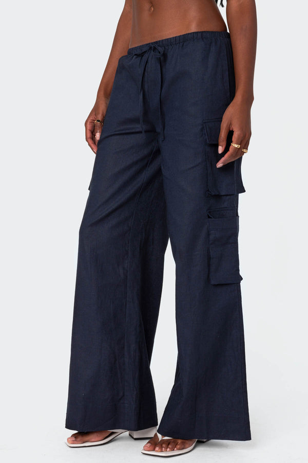 Edikted Bristol Linen Look Cargo Pants Navy