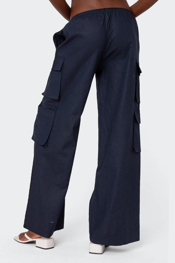 Edikted Bristol Linen Look Cargo Pants Navy