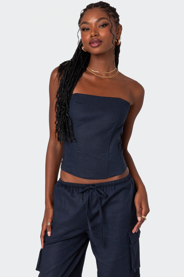 edikted Bristol Linen Look Corset navy