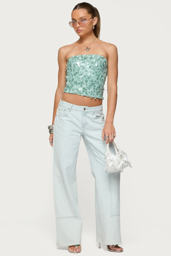 Edikted Brynn Sequin Strapless Top Sage