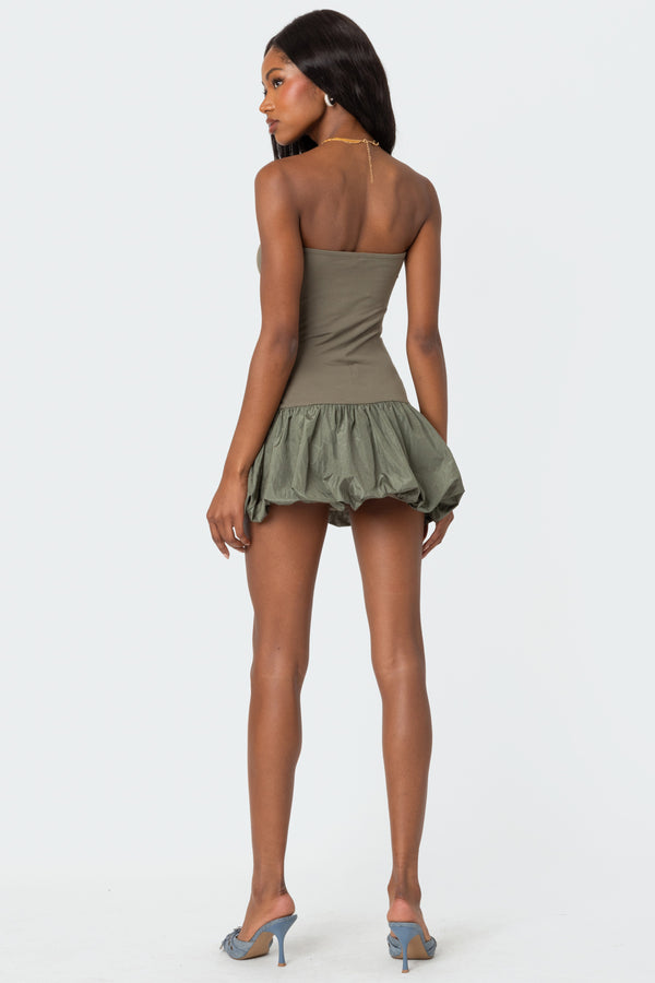 Edikted Bubble Skirt Ribbed Mini Dress Olive