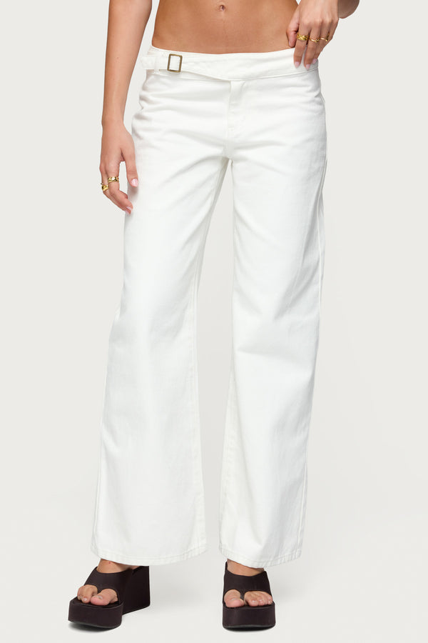 Edikted Buckle Low Rise Straight Leg Pants White