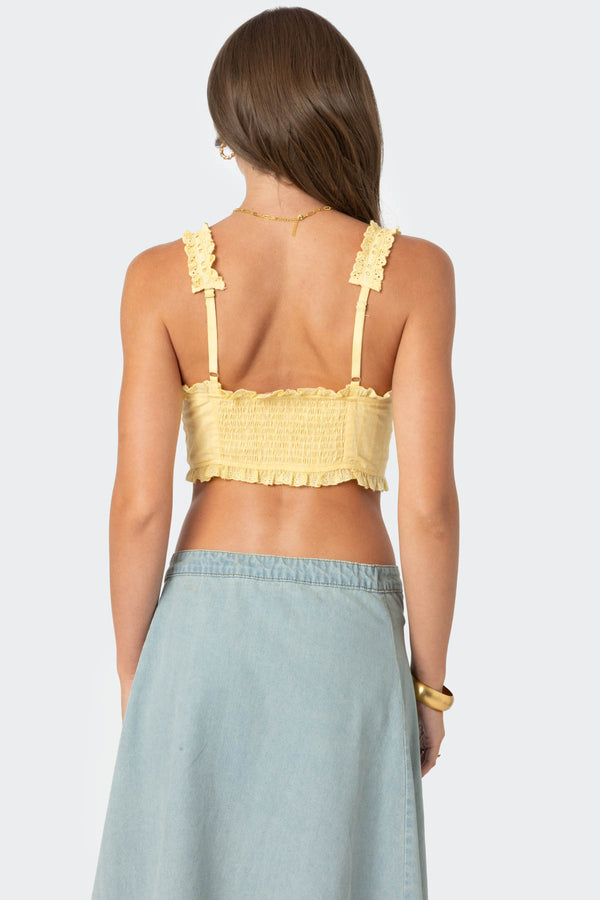 Edikted Button Front Cropped Eyelet Corset Yellow