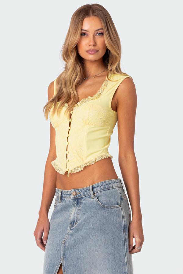 edikted Button Front Lacey Corset yellow