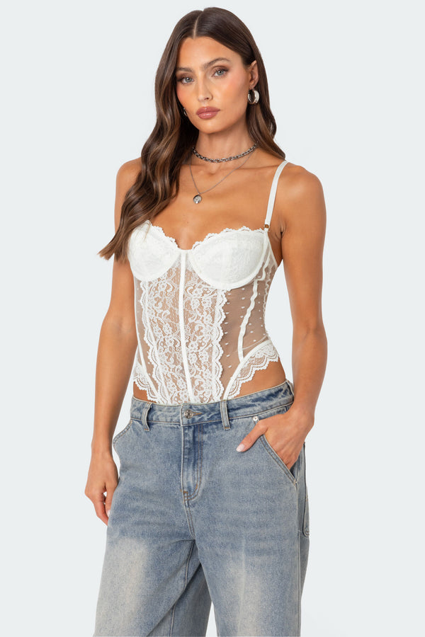 Edikted Cabaret Lacey Sheer Mesh Bodysuit White